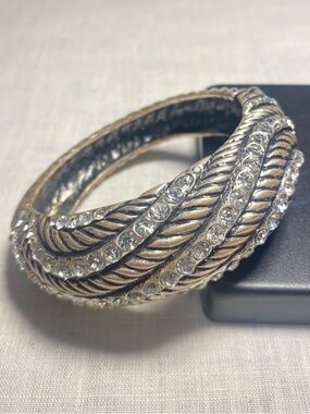 Vintage Rhinestone Cuff Bracelet with Wavy Braided Rope Design; Magnetic Closure